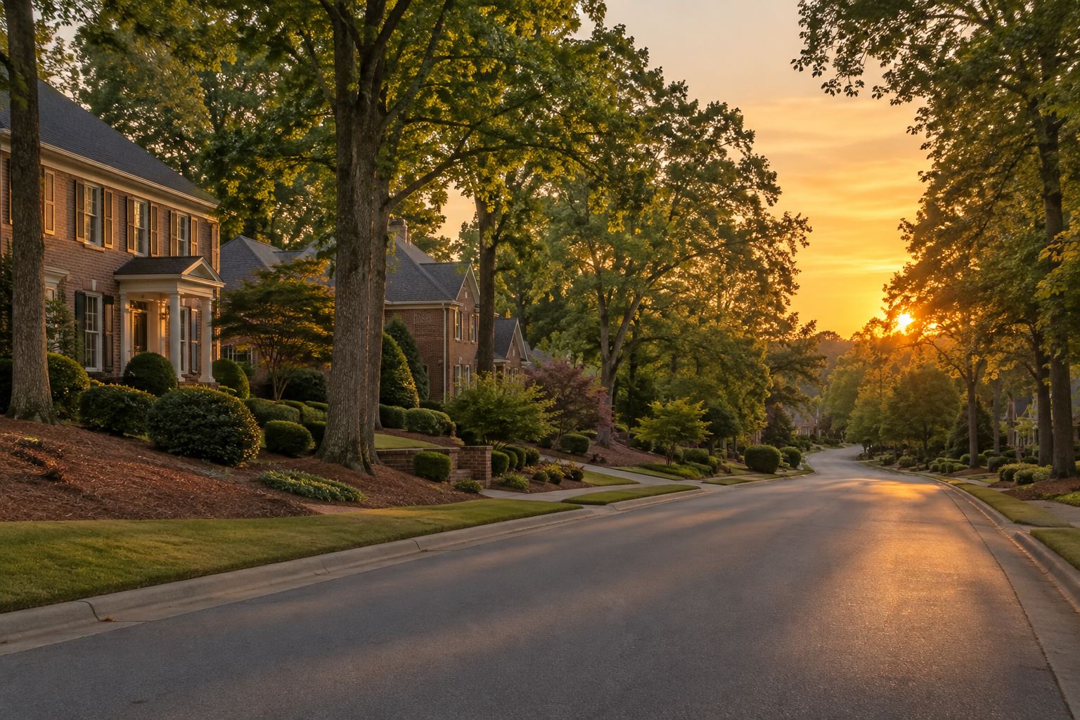 A Brookhaven residential street at sunset, illustrative