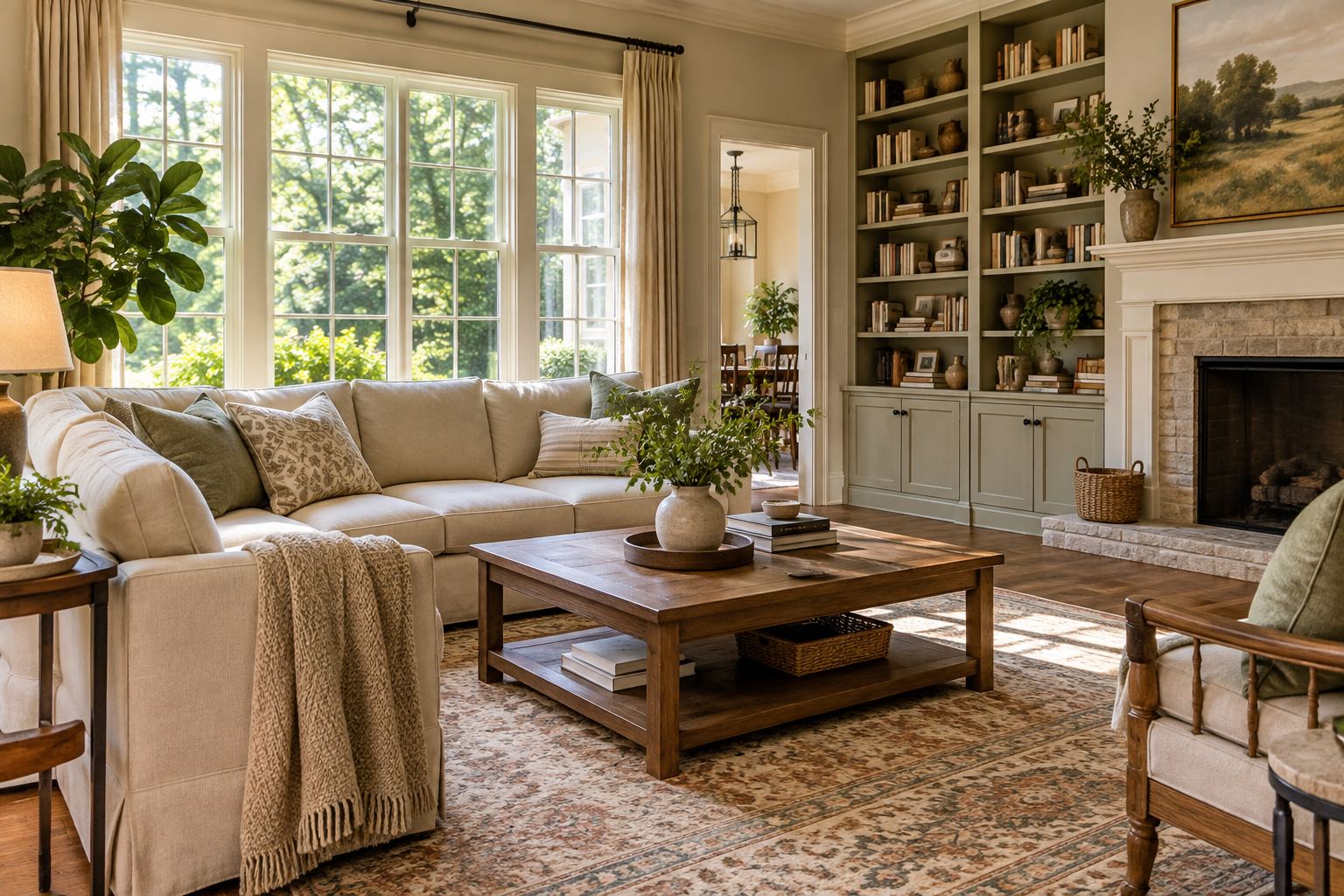 A cozy Brookhaven living room, illustrative