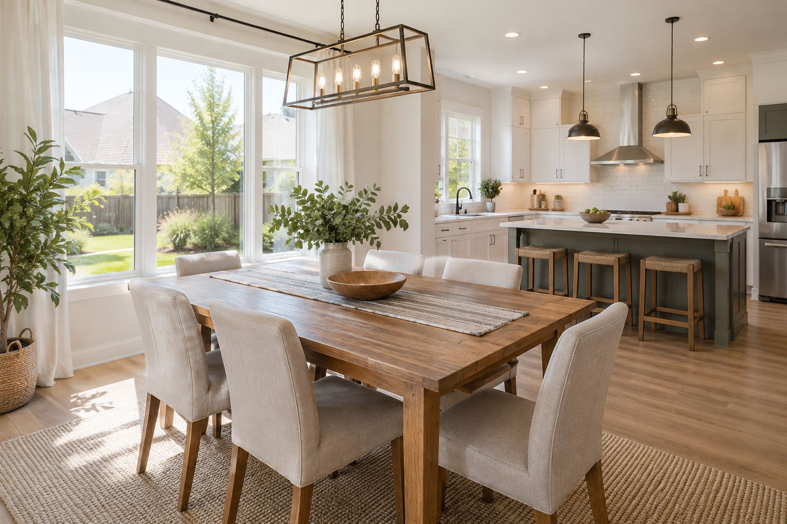 A bright dining room, illustrative